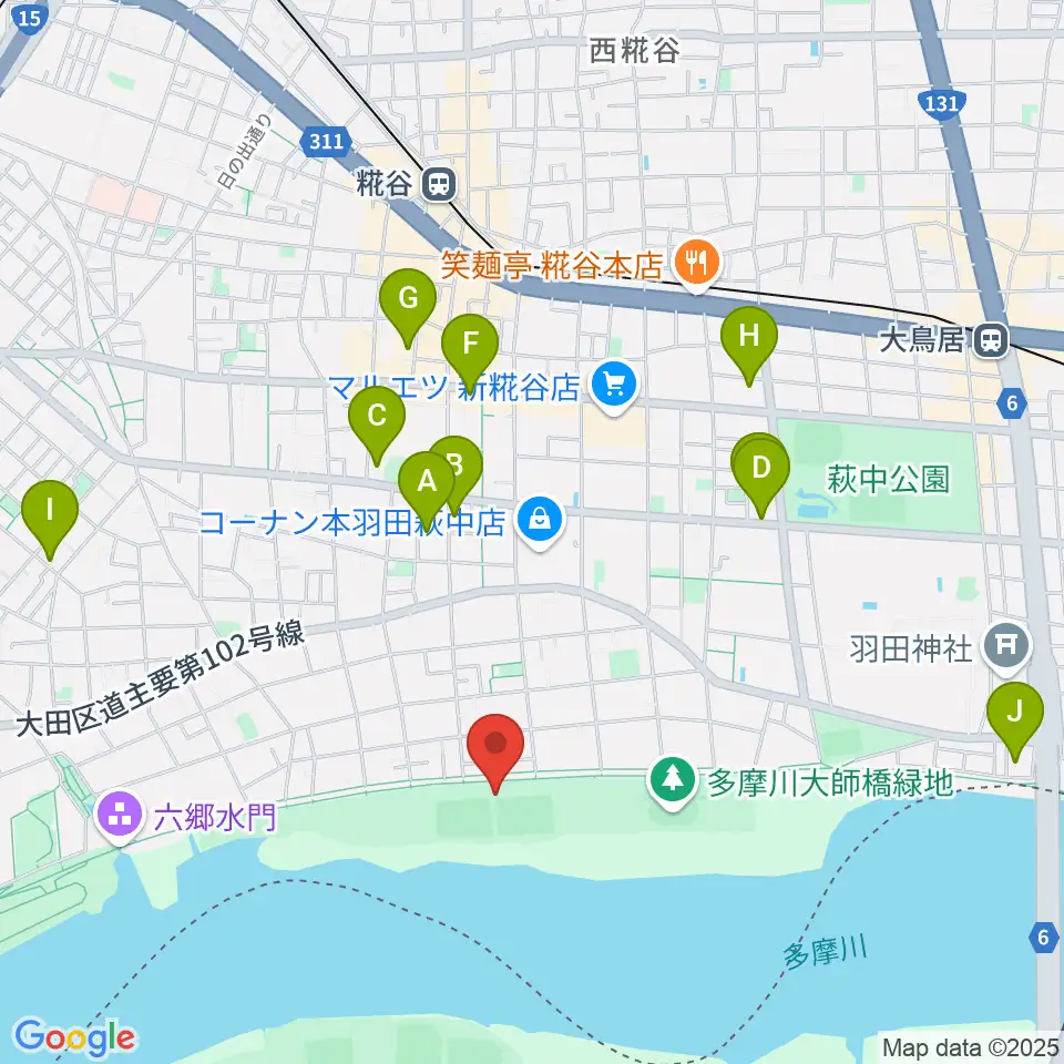多摩川大師橋緑地野球場周辺のホテル一覧地図
