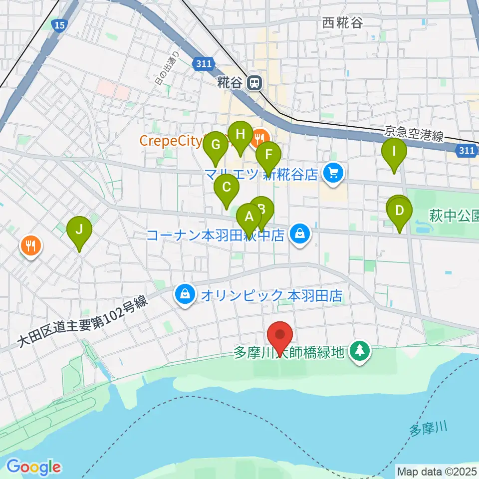 多摩川大師橋緑地野球場周辺のホテル一覧地図
