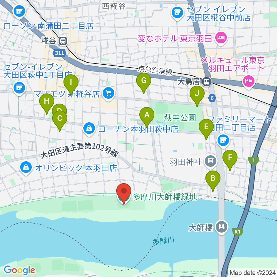 多摩川大師橋緑地周辺のホテル一覧地図