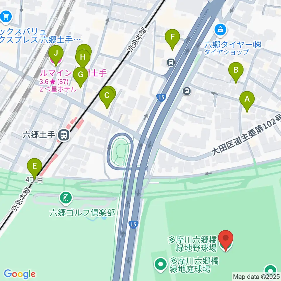 多摩川六郷橋緑地野球場周辺のホテル一覧地図
