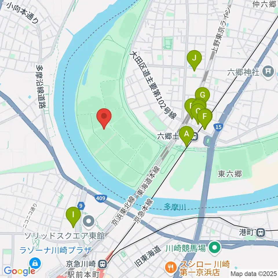 多摩川緑地野球場周辺のホテル一覧地図