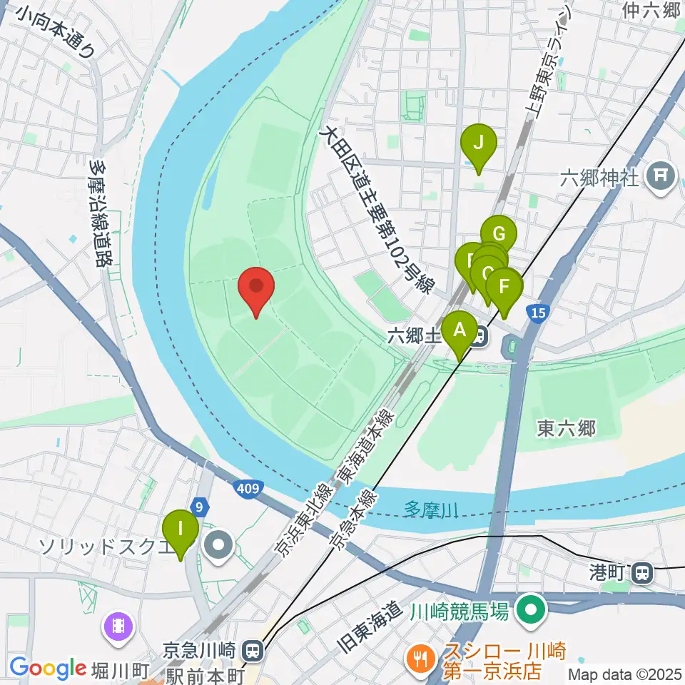 多摩川緑地野球場周辺のホテル一覧地図