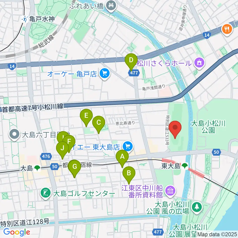 大島小松川公園小野球場周辺のホテル一覧地図