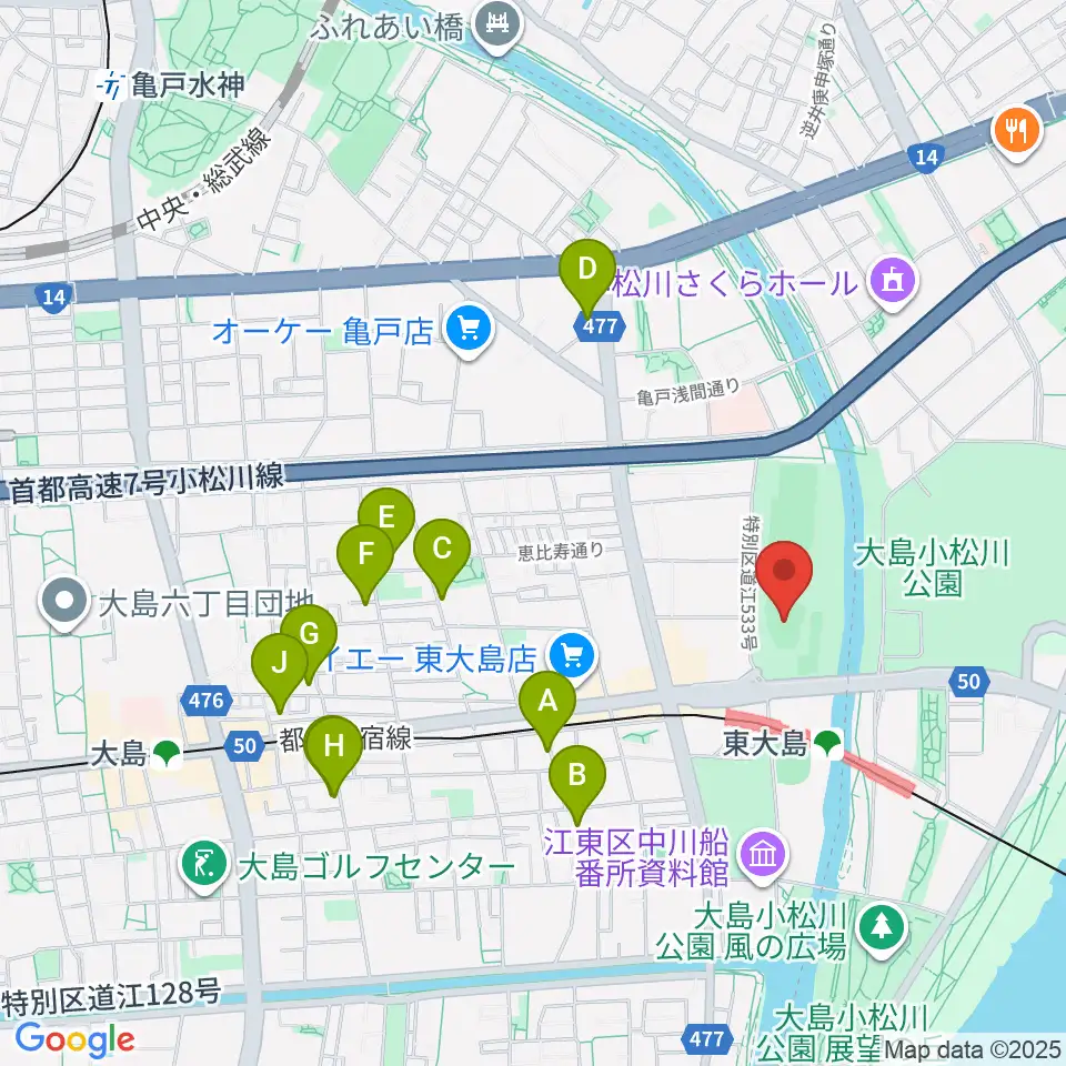 大島小松川公園小野球場周辺のホテル一覧地図