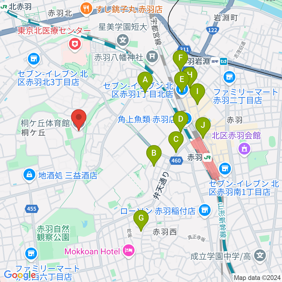 桐ケ丘体育館周辺のホテル一覧地図