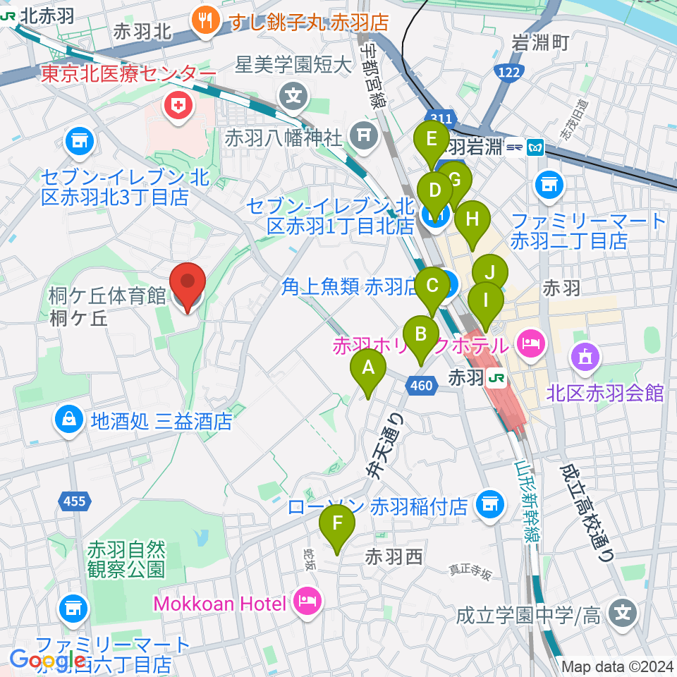 桐ケ丘体育館周辺のホテル一覧地図