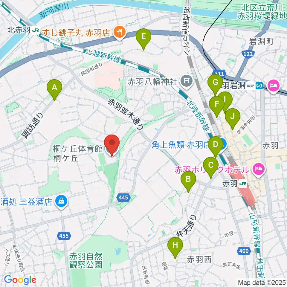 桐ケ丘体育館周辺のホテル一覧地図