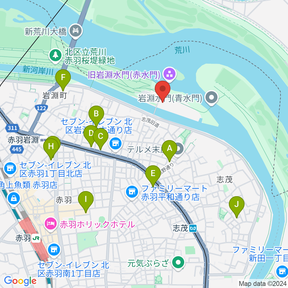 荒川知水資料館amoa周辺のホテル一覧地図