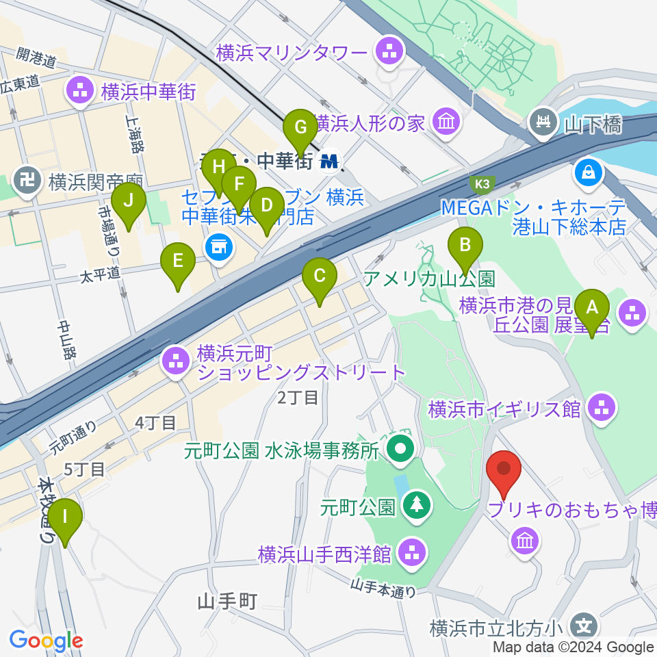 山手資料館周辺のホテル一覧地図