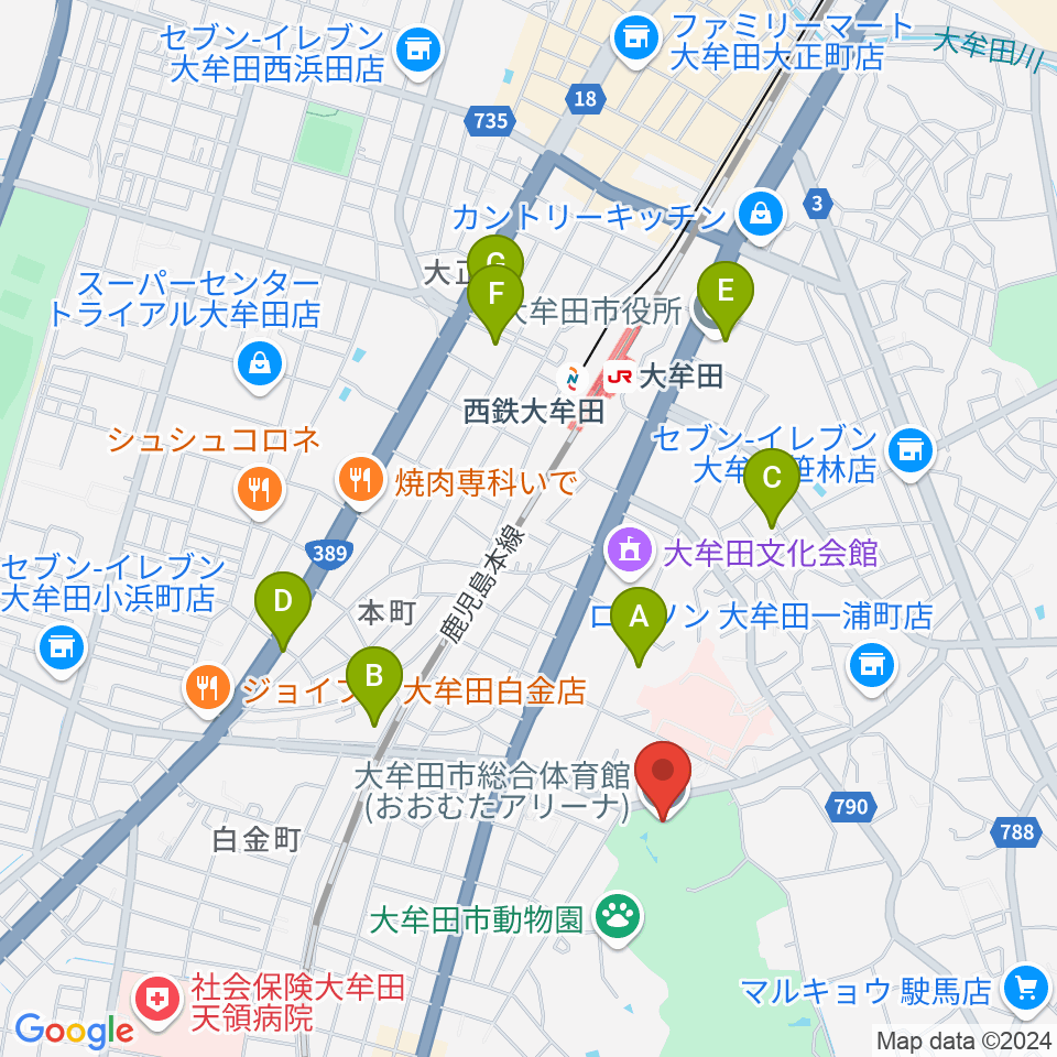 おおむたアリーナ周辺のホテル一覧地図