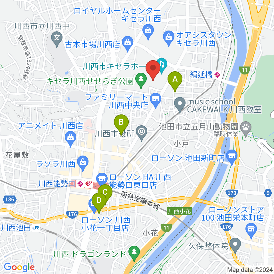 川西市総合体育館周辺のホテル一覧地図