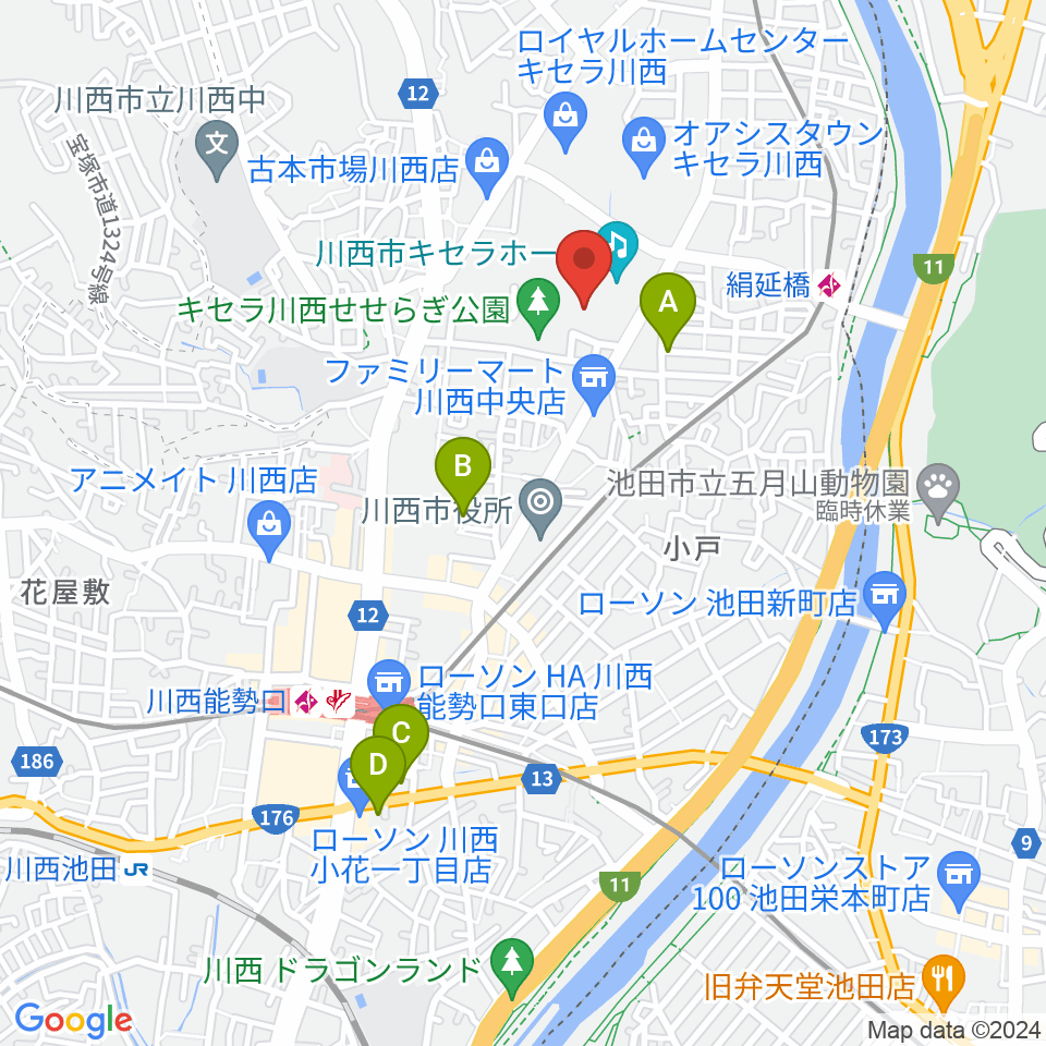 川西市総合体育館周辺のホテル一覧地図