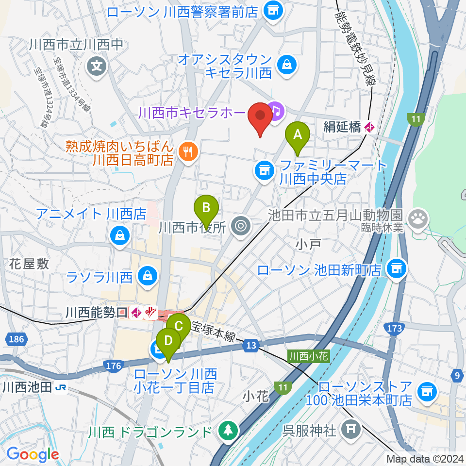 川西市総合体育館周辺のホテル一覧地図