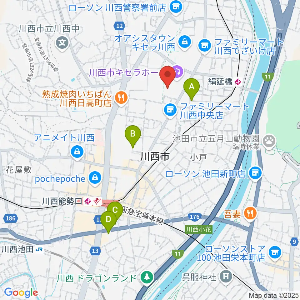 川西市総合体育館周辺のホテル一覧地図