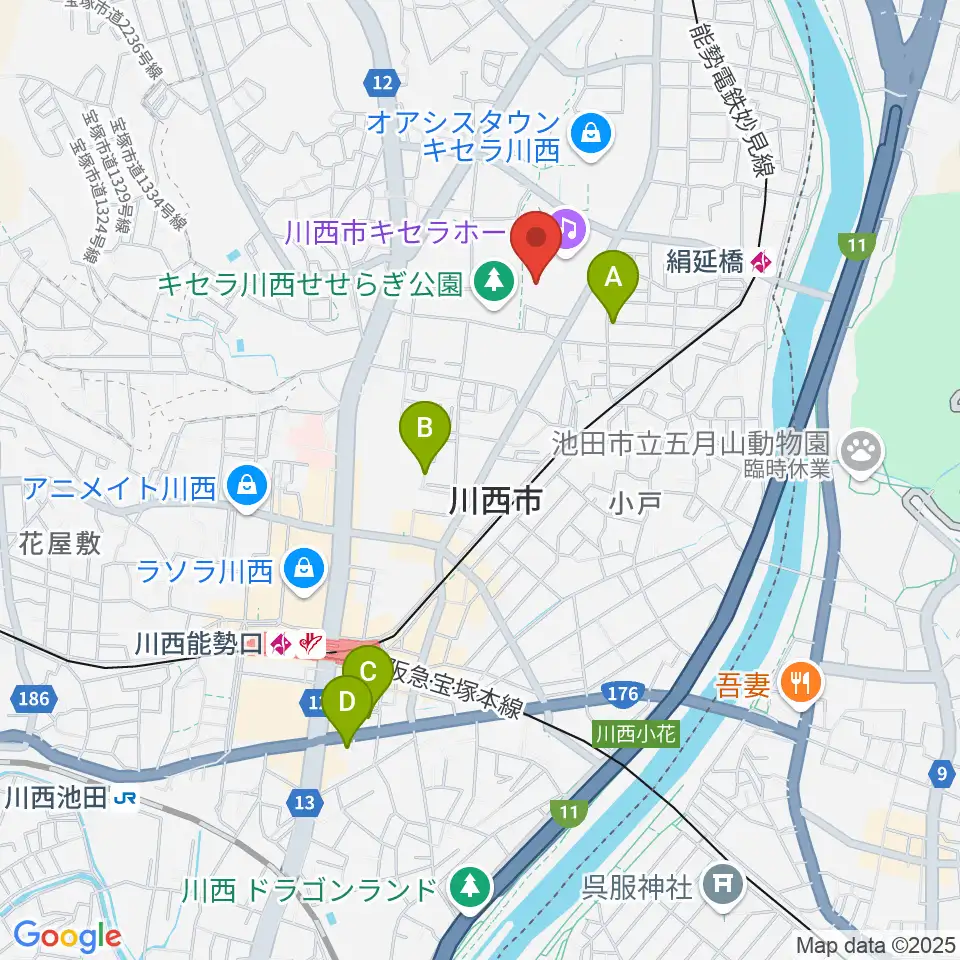 川西市総合体育館周辺のホテル一覧地図