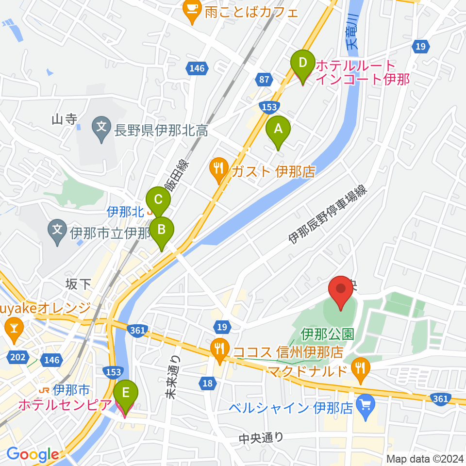 伊那ニッパツスタジアム周辺のホテル一覧地図