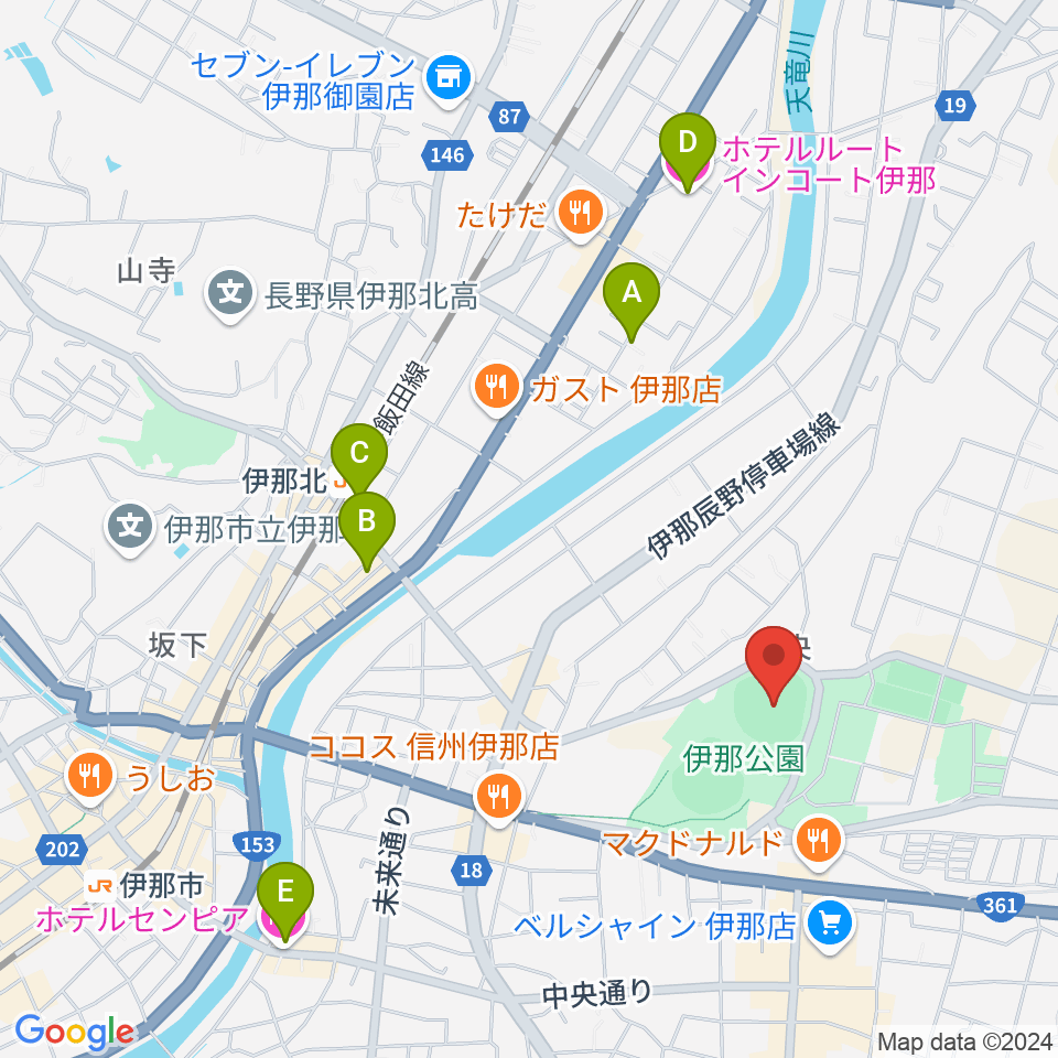 伊那ニッパツスタジアム周辺のホテル一覧地図