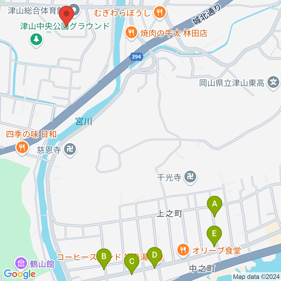 岡山県津山総合体育館周辺のホテル一覧地図