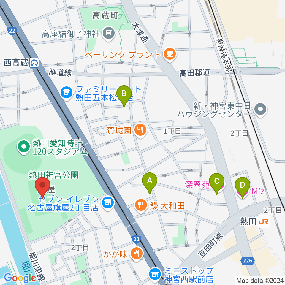 熱田球技場周辺のホテル一覧地図