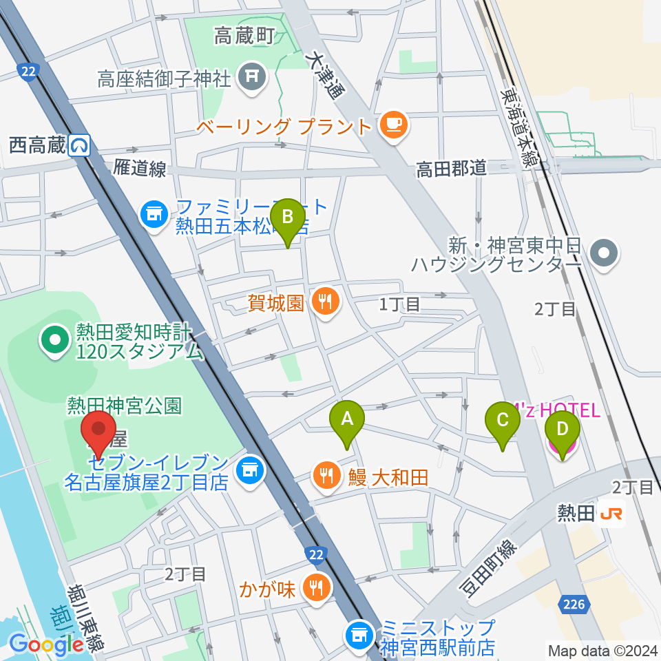 熱田球技場周辺のホテル一覧地図