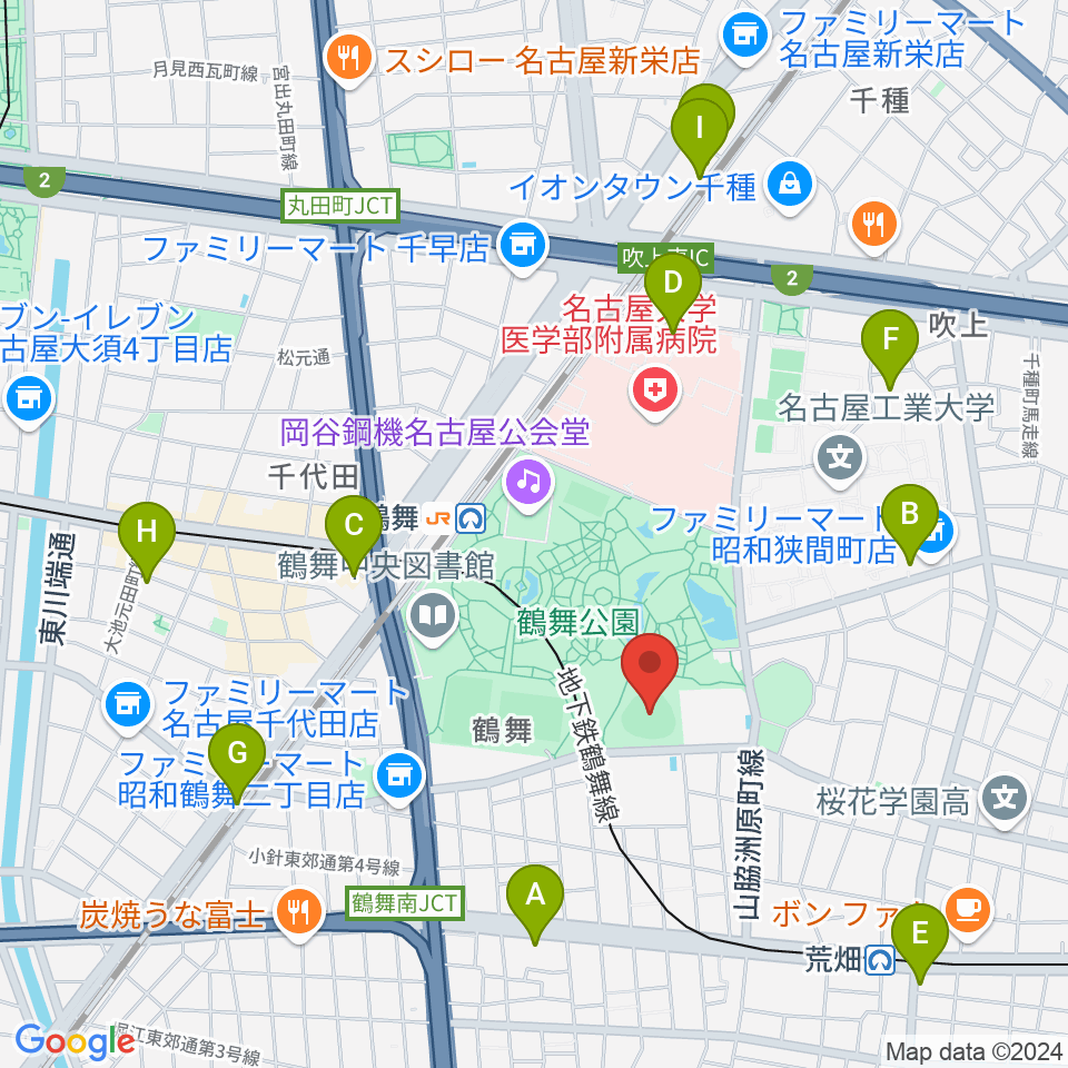 鶴舞公園野球場周辺のホテル一覧地図