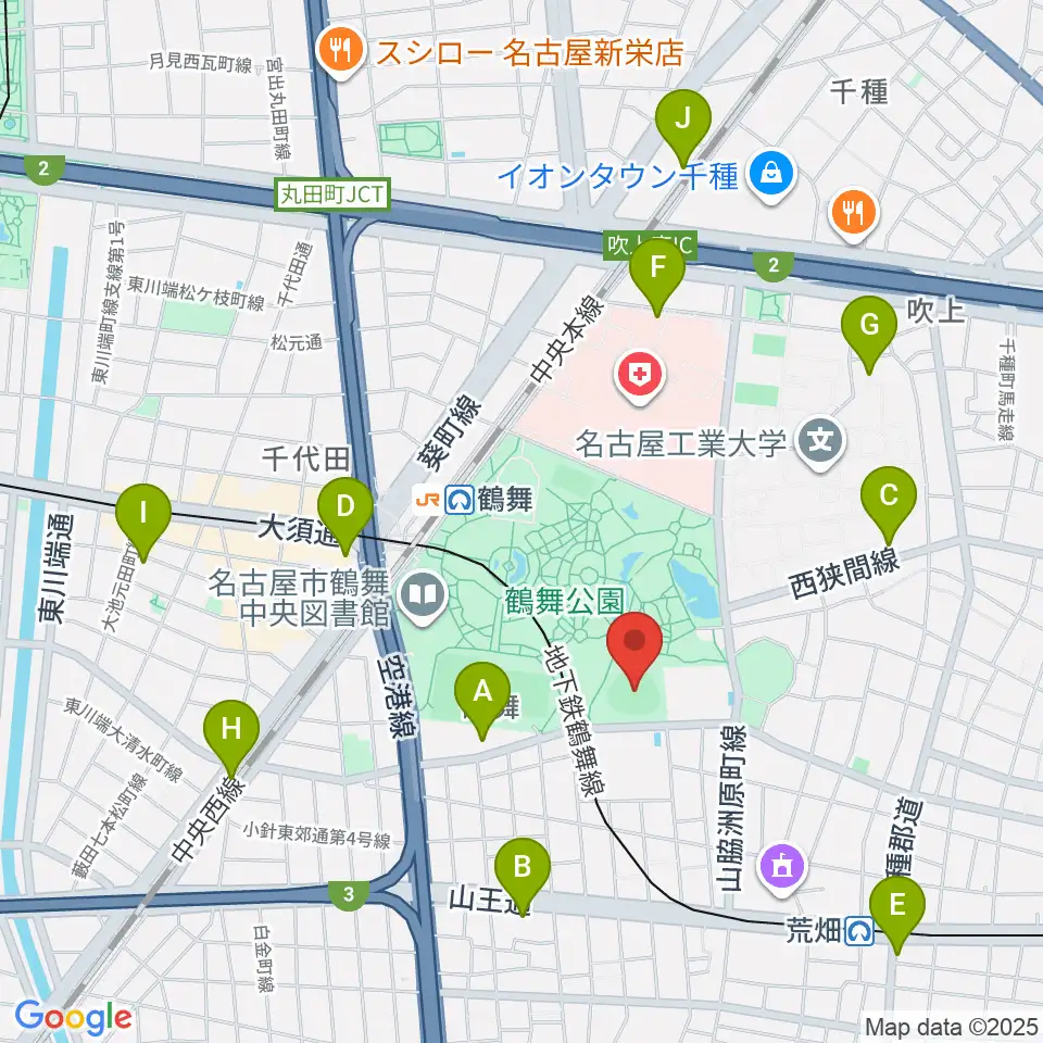 鶴舞公園野球場周辺のホテル一覧地図