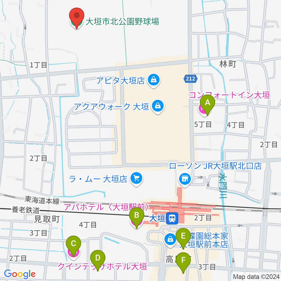 大垣市北公園野球場周辺のホテル一覧地図