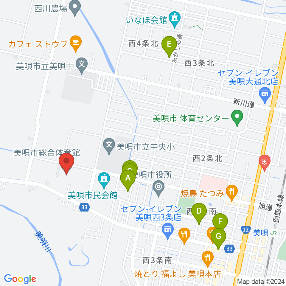 美唄市総合体育館周辺のホテル一覧地図