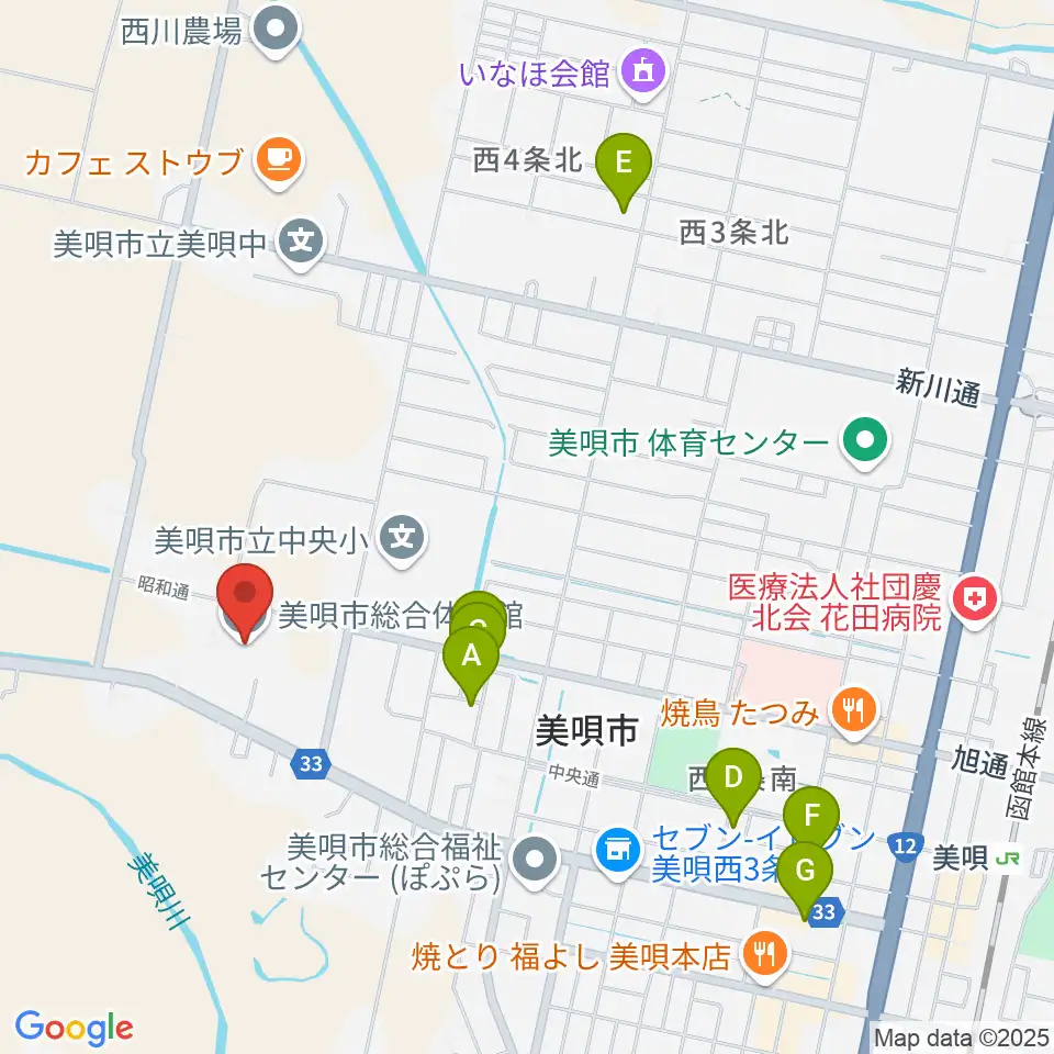 美唄市総合体育館周辺のホテル一覧地図