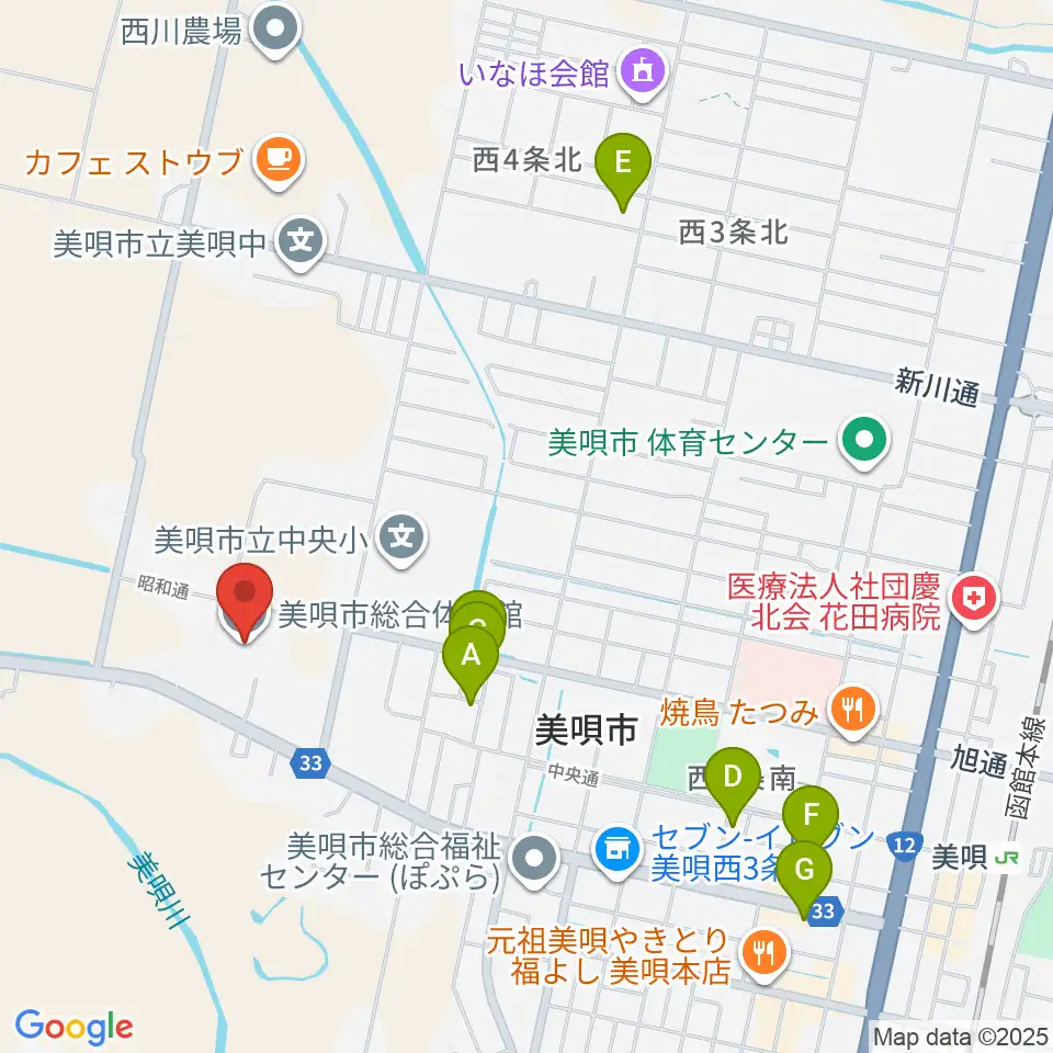 美唄市総合体育館周辺のホテル一覧地図
