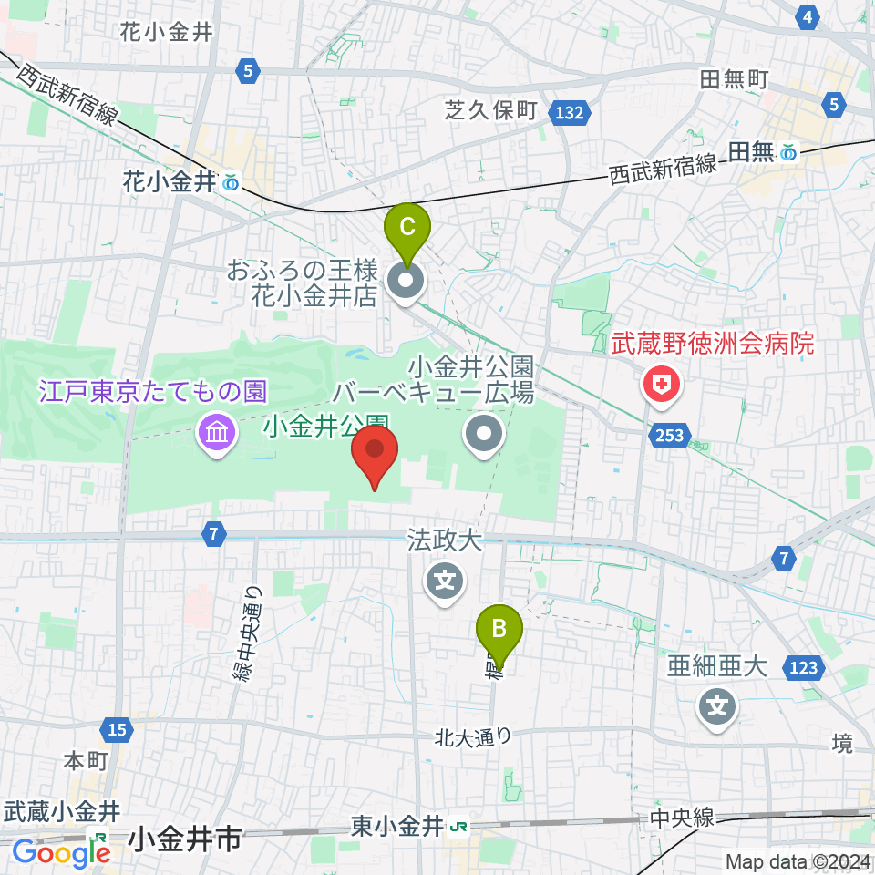 小金井市総合体育館周辺のホテル一覧地図