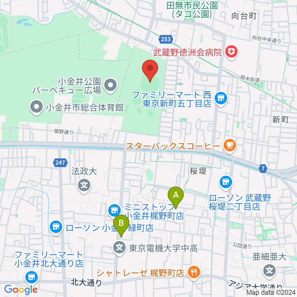 小金井公園野球場周辺のホテル一覧地図