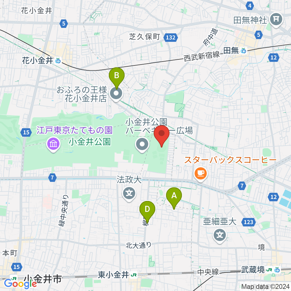 小金井公園野球場周辺のホテル一覧地図