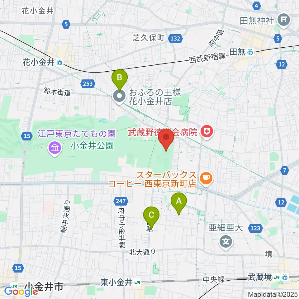 小金井公園野球場周辺のホテル一覧地図