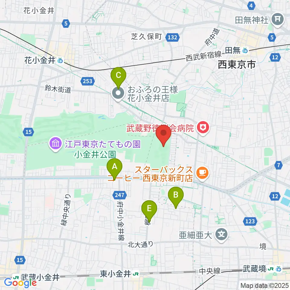 小金井公園野球場周辺のホテル一覧地図