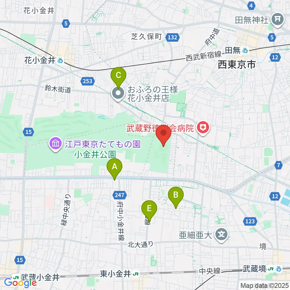 小金井公園野球場周辺のホテル一覧地図