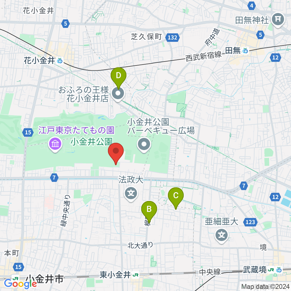 小金井公園弓道場周辺のホテル一覧地図