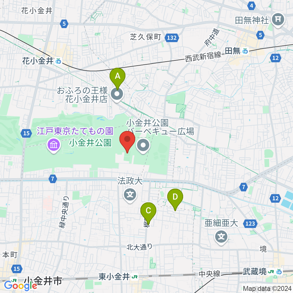 小金井公園多目的運動広場周辺のホテル一覧地図