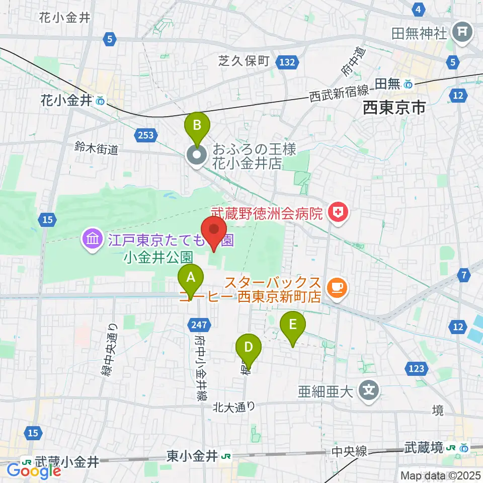 小金井公園多目的運動広場周辺のホテル一覧地図