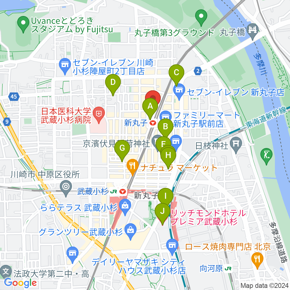 スタジオミュジック 新丸子店周辺のホテル一覧地図