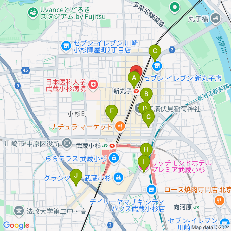 スタジオミュジック 新丸子店周辺のホテル一覧地図