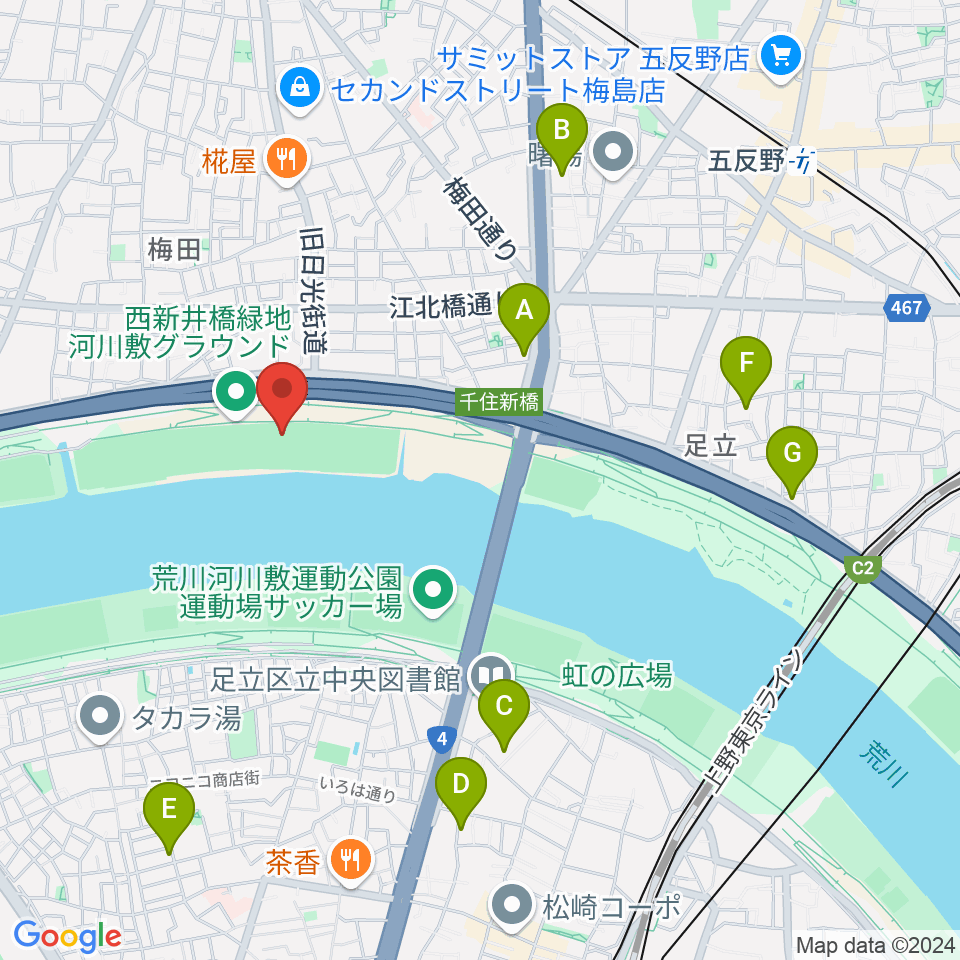 西新井橋緑地野球場周辺のホテル一覧地図