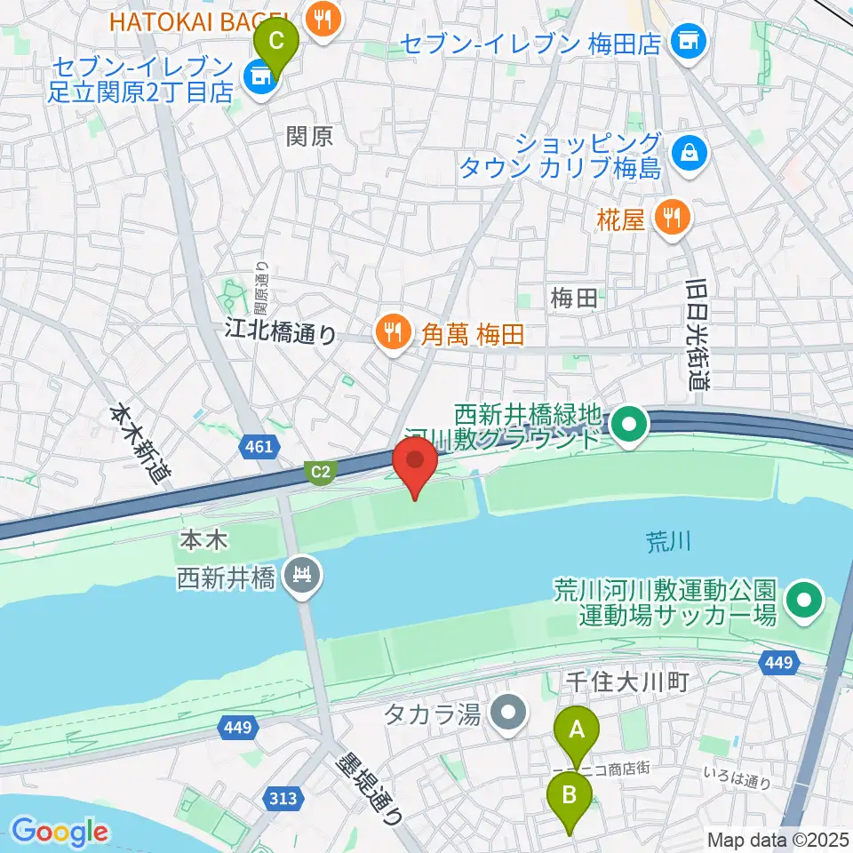 西新井橋緑地球技場周辺のホテル一覧地図
