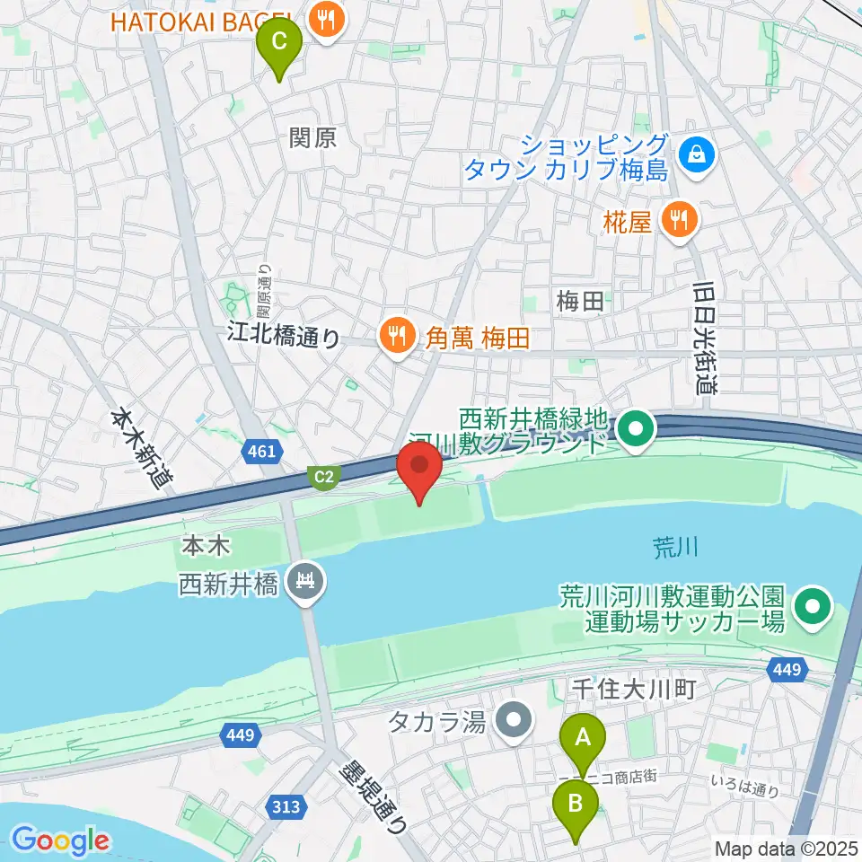 西新井橋緑地球技場周辺のホテル一覧地図