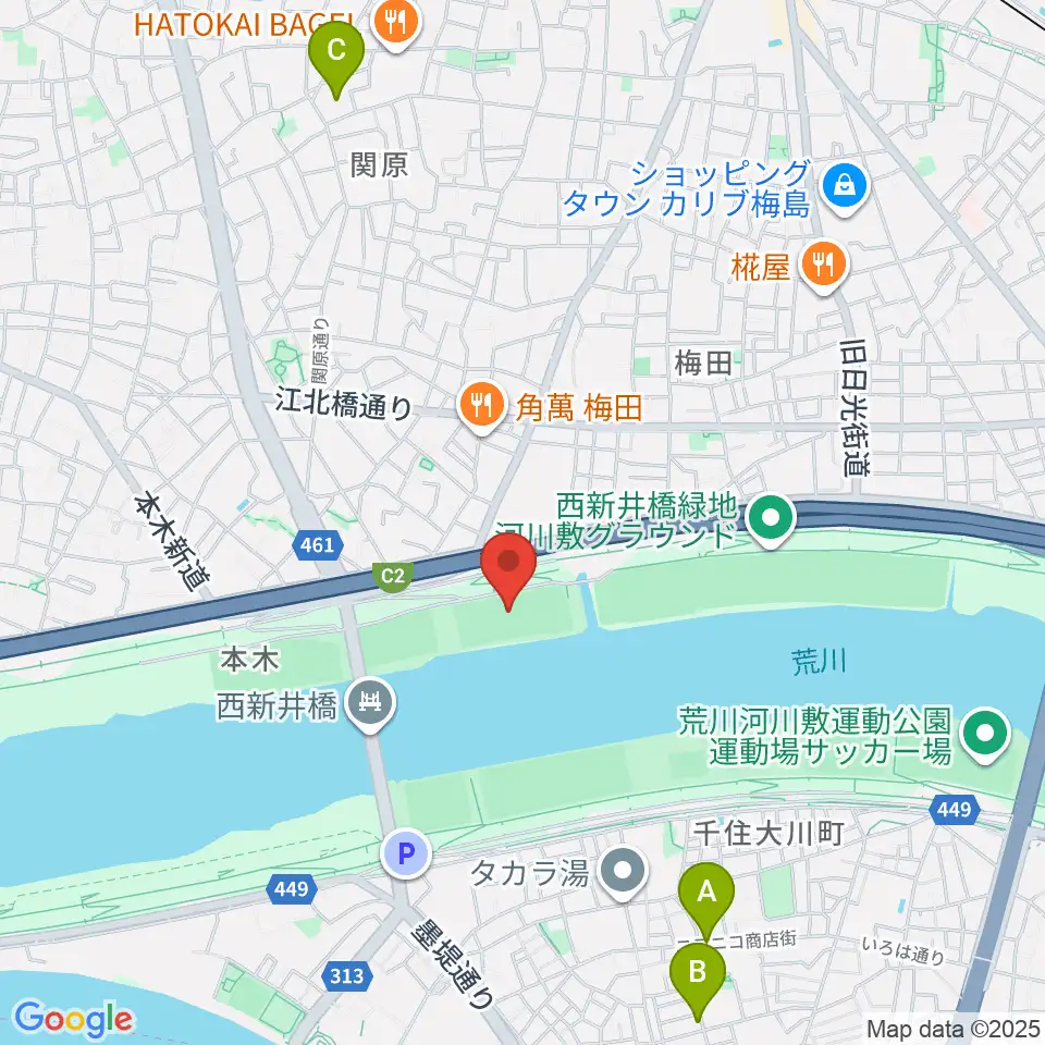 西新井橋緑地球技場周辺のホテル一覧地図
