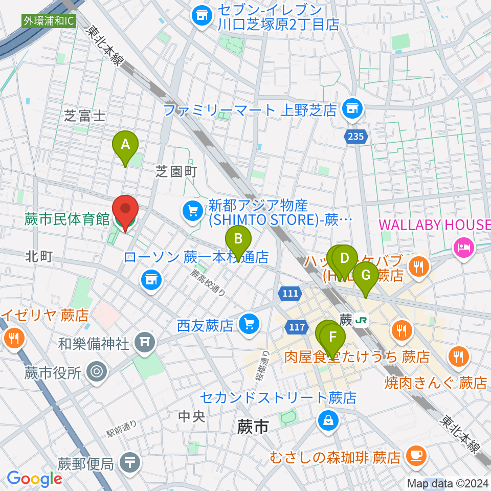 蕨市民体育館周辺のホテル一覧地図