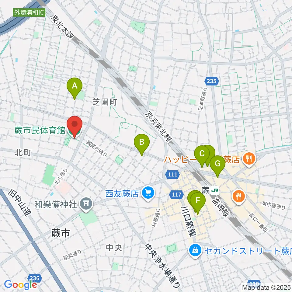 蕨市民体育館周辺のホテル一覧地図