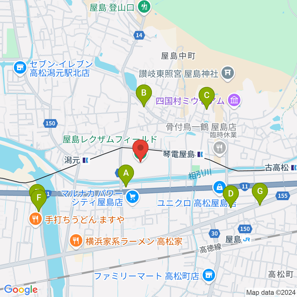 屋島レクザムフィールド周辺のホテル一覧地図