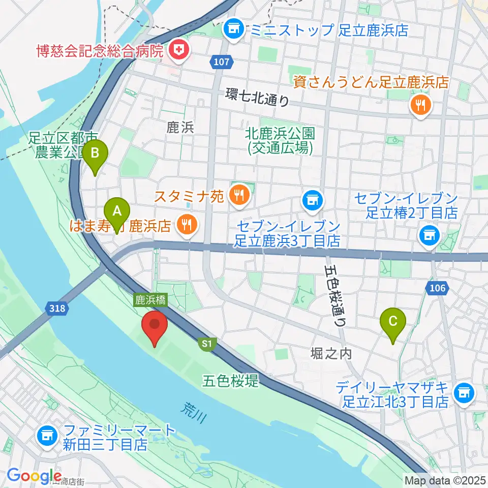 鹿浜橋緑地野球場周辺のホテル一覧地図