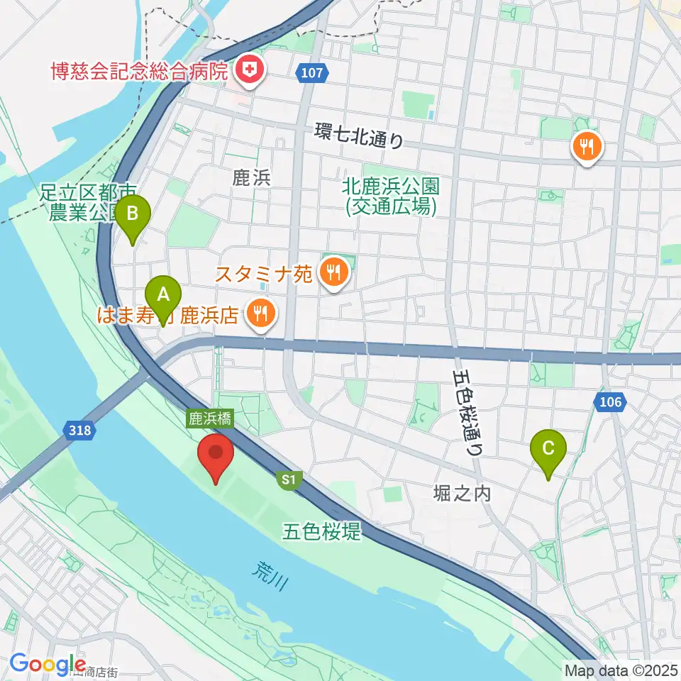 鹿浜橋緑地野球場周辺のホテル一覧地図